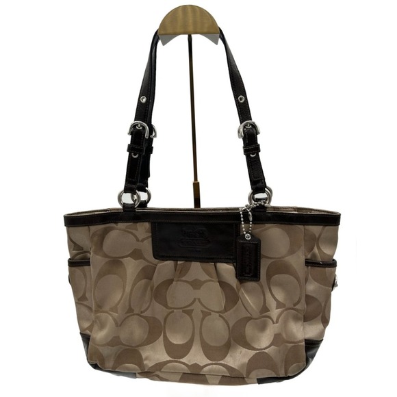 Coach Logo Signature Print Satchel Handbag Purse Tan Brown Leather Trim Hangtag - Picture 1 of 4
